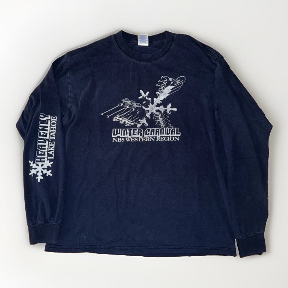 Vintage Snowboarding Long Sleeve T-Shirt Navy Blue Large Y2K Graphic Tee 21x26